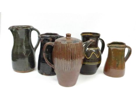 A collection of studio pottery jugs and a coffee pot from Winchcombe, Lowerdown etc, some a/f. Tallest 22cm