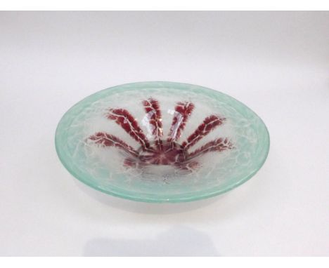 A WMF Ikora glass bowl in green mottled colours.  6.5cm high x 28.5cm diameter