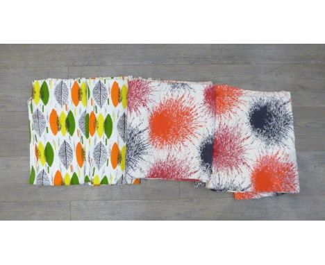 Two pairs of mid Century bark cloth curtains, stylised leaf pattern, 170cm drop x 84cm wide and fireworks pattern, 142cm drop