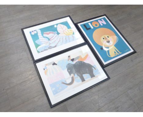 Two Laura Fiume framed art prints of a tiger and an elephant along with a Swedish framed Lion print by Ingela P Arrhenius. La