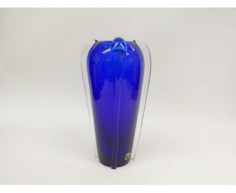 A Svobuda Karlo large Czech Republic blue art glass vase with original label. 27.5cm high