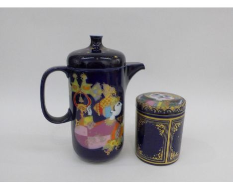 Two Rosenthal porcelain 1001 Nights Range - A coffee pot, 24cm high and a lidded canister, 12.5cm high both with deep blue gr