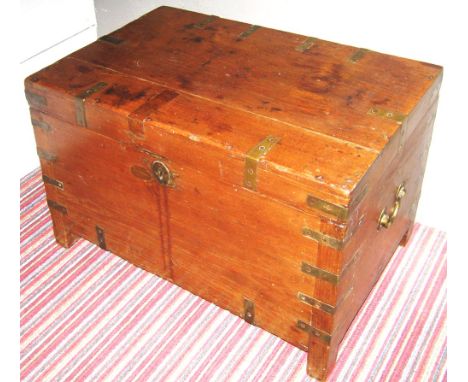 TRUNK, 19th century teak with brass bindings, side carrying handles, 67cm x 38cm x 41cm H. (with faults)