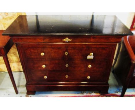 COMMODE, 19th century French Louis Philippe figured walnut with fossil marble top and five long drawers, 125cm x 55cm x 97cm.