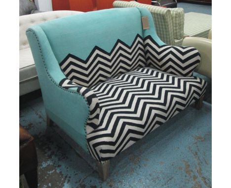 SOFA, turquoise, with zig zag pattern, 125cm W x 87cm H x 83cm D. 