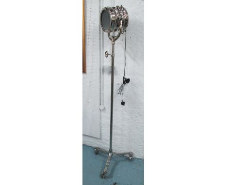 LAMP ON STAND, chrome adjustable height tripart base on castors, 200cm H.