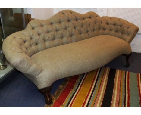 SOFA, Victorian cast iron and ash in buttoned oatmeal upholstery (front legs probably associated), 180cm W.