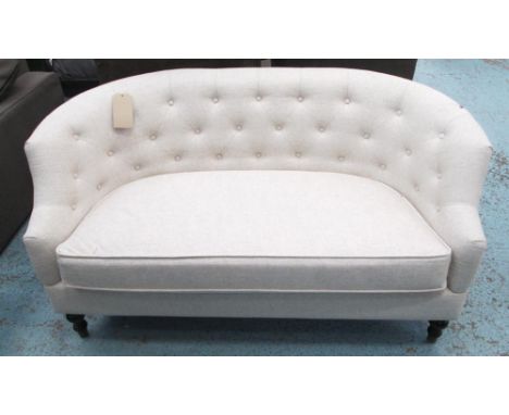 SOFA, two seater, button back, in oatmeal fabric, 145cm L x 80cm W x 75cm H. 