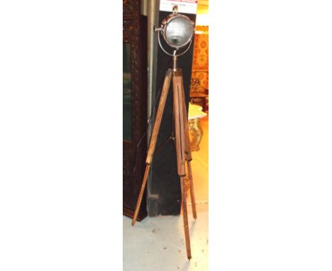 STUDIO LAMP, adjustable on teak tripod base, 182cm H.