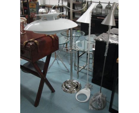 FLOOR LAMPS, a pair, Arne Jacobsen style, along with a pendant hanging light, 130cm H. (3)