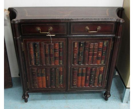 SIDE CABINET, of shaped outline with two drawers over a pair of faux book doors, 35cm x 105cm x 84cm H. (marks to leather top