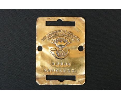 A British World War One The Somerset Light Infantry Soldiers Brass Bed Plaque To No.30586 S. WOOLLEY. 