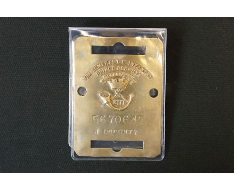 A British World War One The Somerset Light Infantry Soldiers Brass Bed Plaque To No.5670647 J. DOUGHTY. 