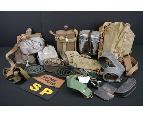 A Collection Of Mixed Militaria To Include Mess Tins, Ammunition Pouches, Holster, Gas Mask, Entrenching Tool, Belts....etc..