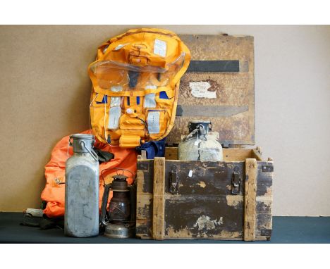 A British Military Wooden Ammunition Box With Contents To Include Military Life Jackets And Water Bottles. 