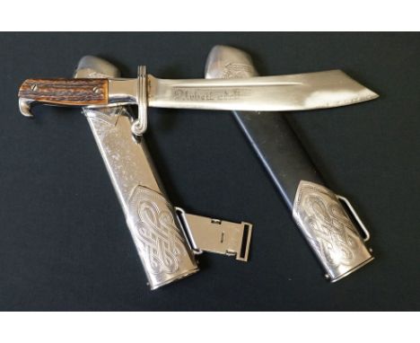 A World War Two German Reichsarbeitsdienst Labour Service Dagger With Antler Handles, Together With Two Scabbards And Hanger.