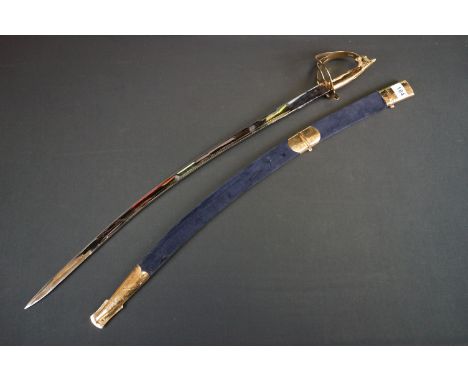 An Indian Sikh Dress Sword With Original Felt Scabbard With Gold Decoration. 