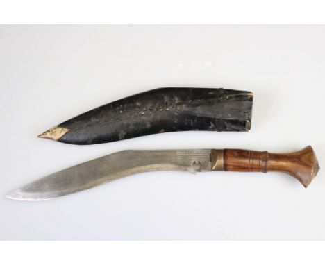 A Vintage Gurkha Kukri Knife With Wooden Handle, Brass Collar And Steel Blade, Complete With Scabbard. 