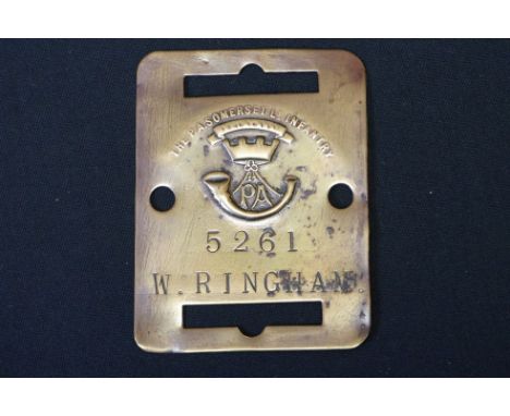 A British World War One The Somerset Light Infantry Soldiers Brass Bed Plaque To No.5261 W. RINGHAM. 