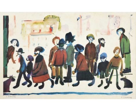 After Laurence Stephen Lowry RBA, RA (1887-1976)"People Standing About"Signed, with the blindstamp for the Fine Art Trade Gui