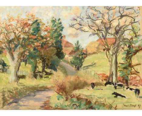 Paul Maze (1887-1979) French "Farms in Sussex"Signed and dated (19)57, pastel, 54.5cm by 74.5cmProvenance: The artist's famil