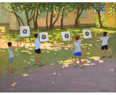 Andrew Macara NEAC (b.1944)"Young Archers, France"Signed, inscribed verso and dated 1998, oil on canvas, 70cm by 89.5cmSome l