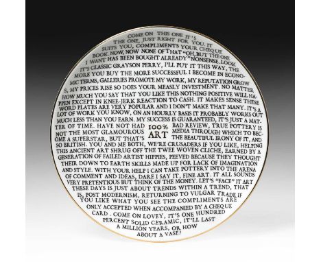 Grayson Perry RA (b.1960)"100% ART PLATE"China plate, with artist's seal printed to base, produced for York Art Gallery, 22cm