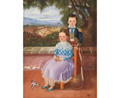 Horacio Renteria Rocha (1912 - 1972) Mexican Portrait of two children and a dog before a landscape Signed, oil on canvas, 59.