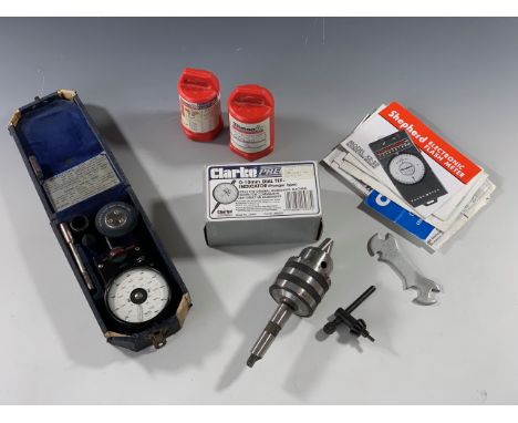 A Clarke 0-10mm dial test indicator, two router tools and a Smiths gauge etc.