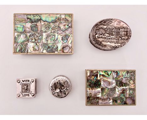 Trinket boxes, including two Mexican white metal and abalone inlaid boxes, and three further in electroplate