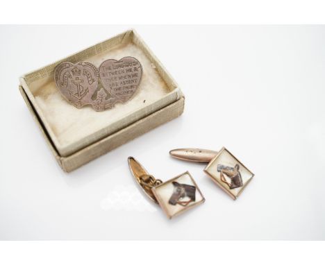 A pair of vintage Essex crystal type horse head cuff links and a white metal royal navy sweetheart brooch. 