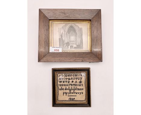 A 19th Century engraved view of a church interior, together with Victorian alphabet sampler dated 1859