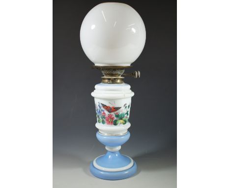 A Victorian hand-enamelled glass oil lamp