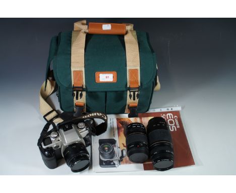 A camera, bag and accessories including a Canon EOS 50E camera, Canon EF 75-300 mm 1:4-5.6 zoom lens, Canon Ultrasonic 28-80 