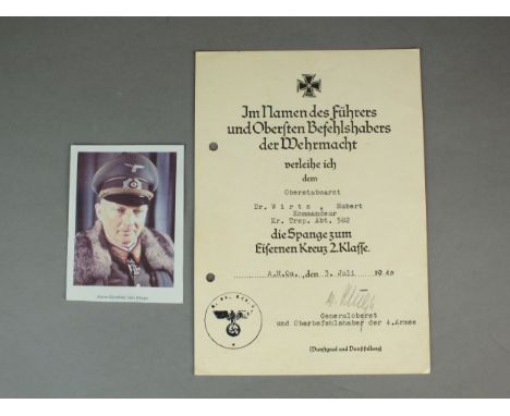 Stalingrad interest - A group of four German Second World War bestowal certificates awarded to Dr Hubert Wirtz together with 