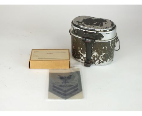A German WW2 mess tin, unused WW2 German Feldpost postcard box and a US Navy uniform patch together with a mixed group of rep