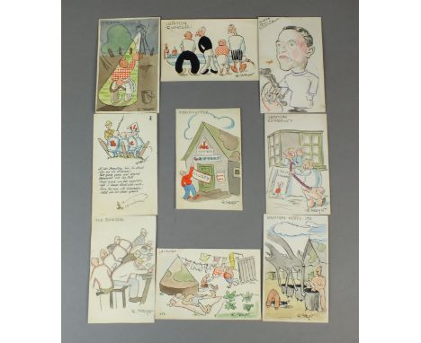 A group of eight postcard size cartoons circa 1940 illustrated by Richard Bayer during his time in detention at the Huyton Pr