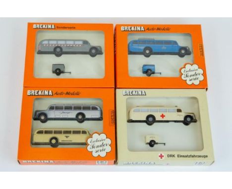 4 Brekina 1:87 Ho scale plastic model vehicle sets. lot includes sets No.5002, 5136, 5003, 9001. Contained in orange window b