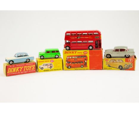 5 Dinky toys. To include No.189 Triumph Herald in 2 tone light blue and white with windows, No145 Singer Vogue in very light 