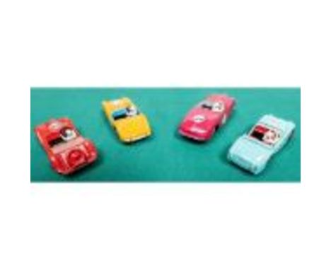 4 Dinky Toys competition cars. Triumph TR3 in turquoise with red interior and wheels, RN25. Sunbeam Alpine in cerise with lig