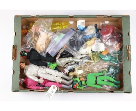 Quantity of space figures and action figure outfits.Lot includes 2 Tommy Gunn figures, 1 is dressed ina silver space suit adn