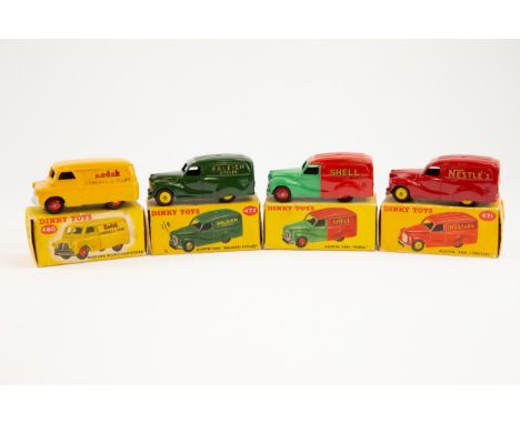 4 Dinky Toys. 3x Austin Vans, Shell (470), red &amp; green, Nestles (471), red and Raleigh (472), green. Together with a Bedf