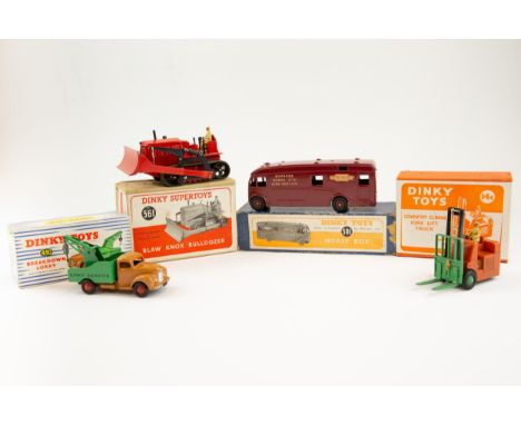 4 Dinky toys, to include No.581 horse box in deep maroon with all transfers present, in a blue card box with paper labels to 