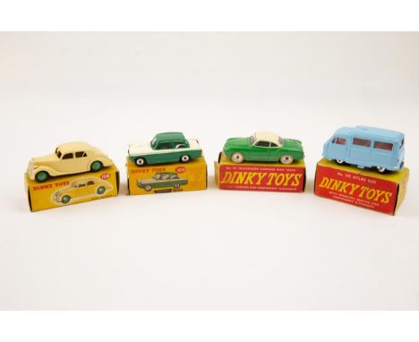 4 Dinky Toys. A harder to find Atlas Bus (295), an example in all light blue with red interior. A Volkswagen Karmann Ghia Cou