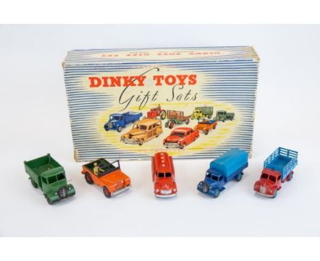 Dinky Toys Gift Set 2. Commercial Vehicles. Comprising Bedford End Tipper (25m) in dark green with black wheels. Land Rover (