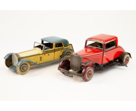 2 tinplate cars. A Wells Brimtoy Rolls Royce Coupe de Ville. In cream and blue livery with Chauffeur. Plus a Chad Valley 2-Do