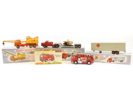 4 Dinky Toys. A Mighty Antar Low Loader With Propeller (986). Red tractor unit with grey low load trailer, complete with plas