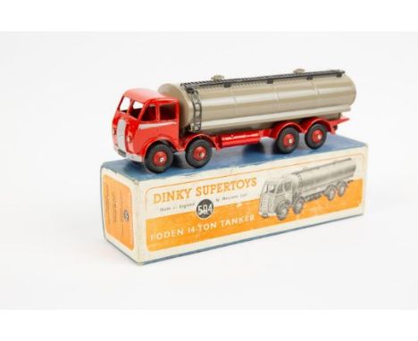 Dinky Supertoys Foden 14-Ton Tankers (504). An early DG example with red cab and chassis, silver flash to cab sides, fawn tan