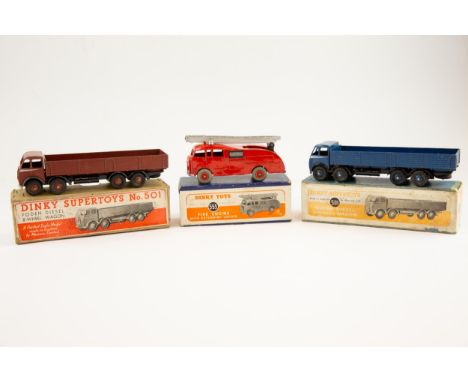 3 Dinky toys, to include first cab  No.501 Foden diesel 8- wheel wagon finished in deep marron body and wheels with black cha