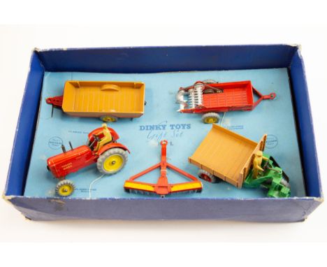 Dinky toys Gift set No. 1 farm gear. Contains Massey Harris tractor, Halesowen farm trailer, Massey Harris manure spreader, d